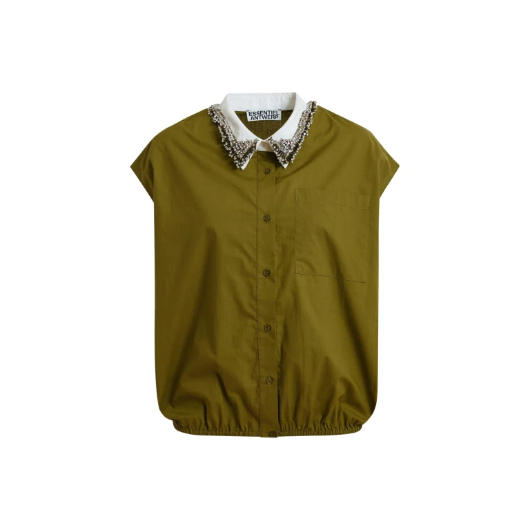 Essentiel Antwerp Green Sleeveless Cotton Shirt With Embellished Collar - Essentiel Antwerp Tops - Colorful Belgian Design - Shop at Luxury Shoes 