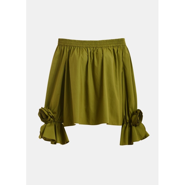 Essentiel Antwerp Green Strapless Cotton Top With Rosette Details - Essentiel Antwerp Tops - Colorful Belgian Design - Shop at Luxury Shoes 