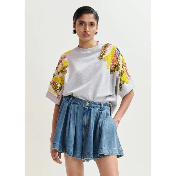 Essentiel Antwerp Grey Cotton Sweatshirt With Multicolor Sequin And Bead Embellishments - Essentiel Antwerp Knitwear - Colorful Belgian Design - Shop at Luxury Shoes 