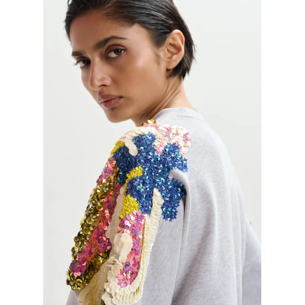 Essentiel Antwerp Grey Cotton Sweatshirt With Multicolor Sequin And Bead Embellishments - Essentiel Antwerp Knitwear - Colorful Belgian Design - Shop at Luxury Shoes 