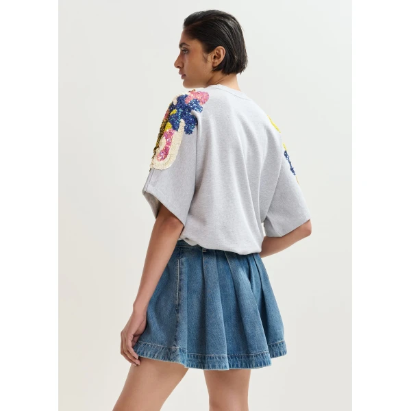 Essentiel Antwerp Grey Cotton Sweatshirt With Multicolor Sequin And Bead Embellishments - Essentiel Antwerp Knitwear - Colorful Belgian Design - Shop at Luxury Shoes 