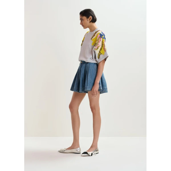 Essentiel Antwerp Grey Cotton Sweatshirt With Multicolor Sequin And Bead Embellishments - Essentiel Antwerp Knitwear - Colorful Belgian Design - Shop at Luxury Shoes 