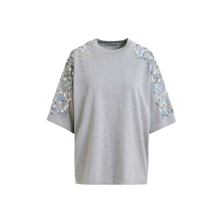 Essentiel Antwerp Grey Cotton T-Shirt With Sequin And Bead Embellishments - Essentiel Antwerp Tops - Colorful Belgian Design - Shop at Luxury Shoes 