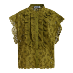 Essentiel Antwerp Khaki Broderie Anglaise Cotton Blouse With Ruffled Trims - Essentiel Antwerp Tops - Colorful Belgian Design - Shop at Luxury Shoes 