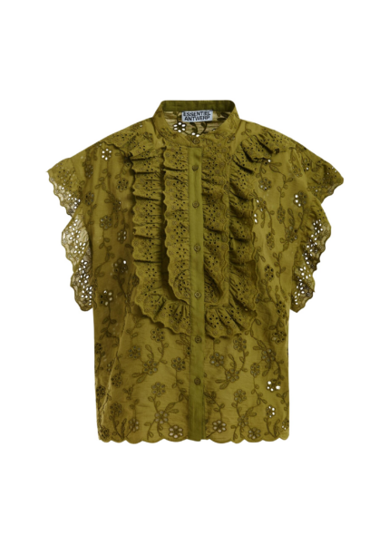 Essentiel Antwerp Khaki Broderie Anglaise Cotton Blouse With Ruffled Trims - Essentiel Antwerp Tops - Colorful Belgian Design - Shop at Luxury Shoes 