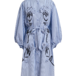 Essentiel Antwerp Light Blue And Black Oversized Cotton Shirt Dress With Floral Appliqué Embroidery And Bead Embellishments - Essentiel Antwerp Dresses - Colorful Belgian Design - Shop at Luxury Shoes 