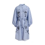 Essentiel Antwerp Light Blue And Black Oversized Cotton Shirt Dress With Floral Appliqué Embroidery And Bead Embellishments