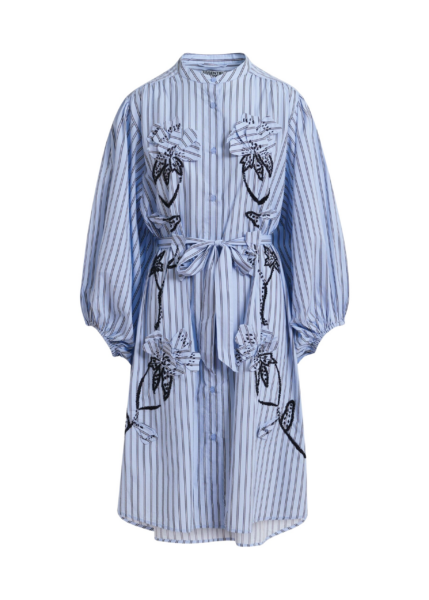Essentiel Antwerp Light Blue And Black Oversized Cotton Shirt Dress With Floral Appliqué Embroidery And Bead Embellishments - Essentiel Antwerp Dresses - Colorful Belgian Design - Shop at Luxury Shoes 