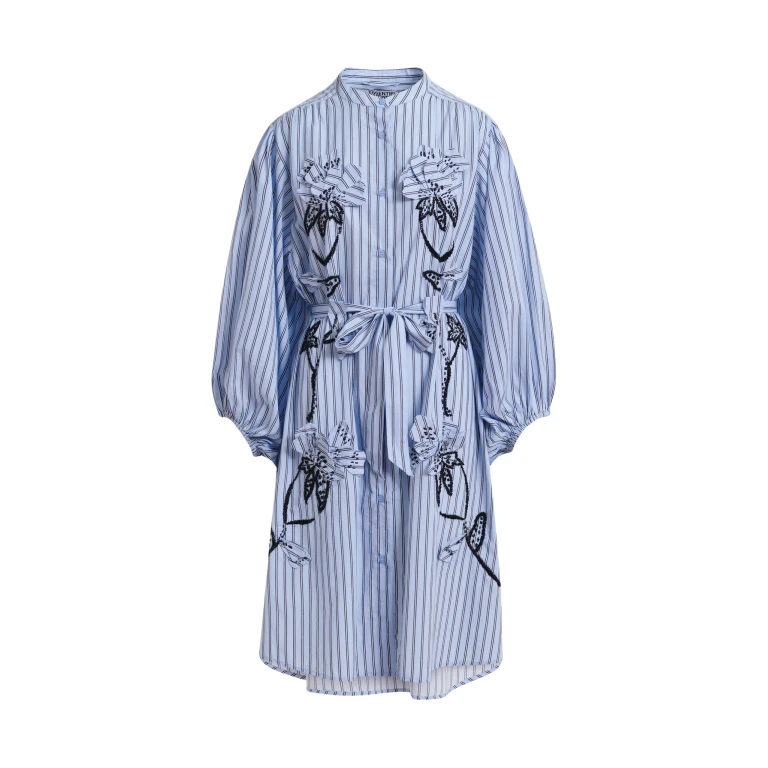 Essentiel Antwerp Light Blue And Black Oversized Cotton Shirt Dress With Floral Appliqué Embroidery And Bead Embellishments - Essentiel Antwerp Dresses - Colorful Belgian Design - Shop at Luxury Shoes 