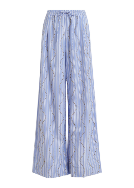 Essentiel Antwerp Light Blue And White Rhinestone-Embellished Striped Wide-Leg Pants - Essentiel Antwerp Pants - Colorful Belgian Design - Shop at Luxury Shoes 