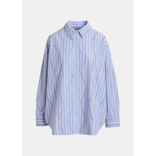 Essentiel Antwerp Light Blue And White Striped Oversized Shirt With Stud Embellishments - Essentiel Antwerp Tops - Colorful Belgian Design - Shop at Luxury Shoes 