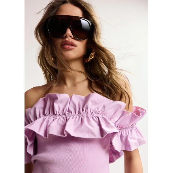 Essentiel Antwerp Light Pink Off-Shoulder Knit Top With Ruffle Trim - Essentiel Antwerp Tops - Colorful Belgian Design - Shop at Luxury Shoes 