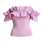 Essentiel Antwerp Light Pink Off-Shoulder Knit Top With Ruffle Trim - Essentiel Antwerp Tops - Colorful Belgian Design - Shop at Luxury Shoes 