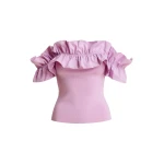 Essentiel Antwerp Light Pink Off-Shoulder Knit Top With Ruffle Trim