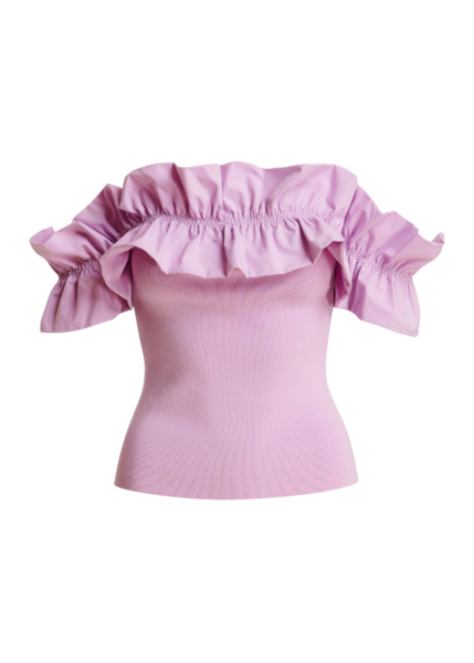 Essentiel Antwerp Light Pink Off-Shoulder Knit Top With Ruffle Trim - Essentiel Antwerp Tops - Colorful Belgian Design - Shop at Luxury Shoes 