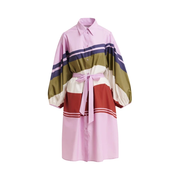 Essentiel Antwerp Lilac And Multicolor Oversized Cotton Shirt Dress With Placed Stripe Print - Essentiel Antwerp Dresses - Colorful Belgian Design - Shop at Luxury Shoes 