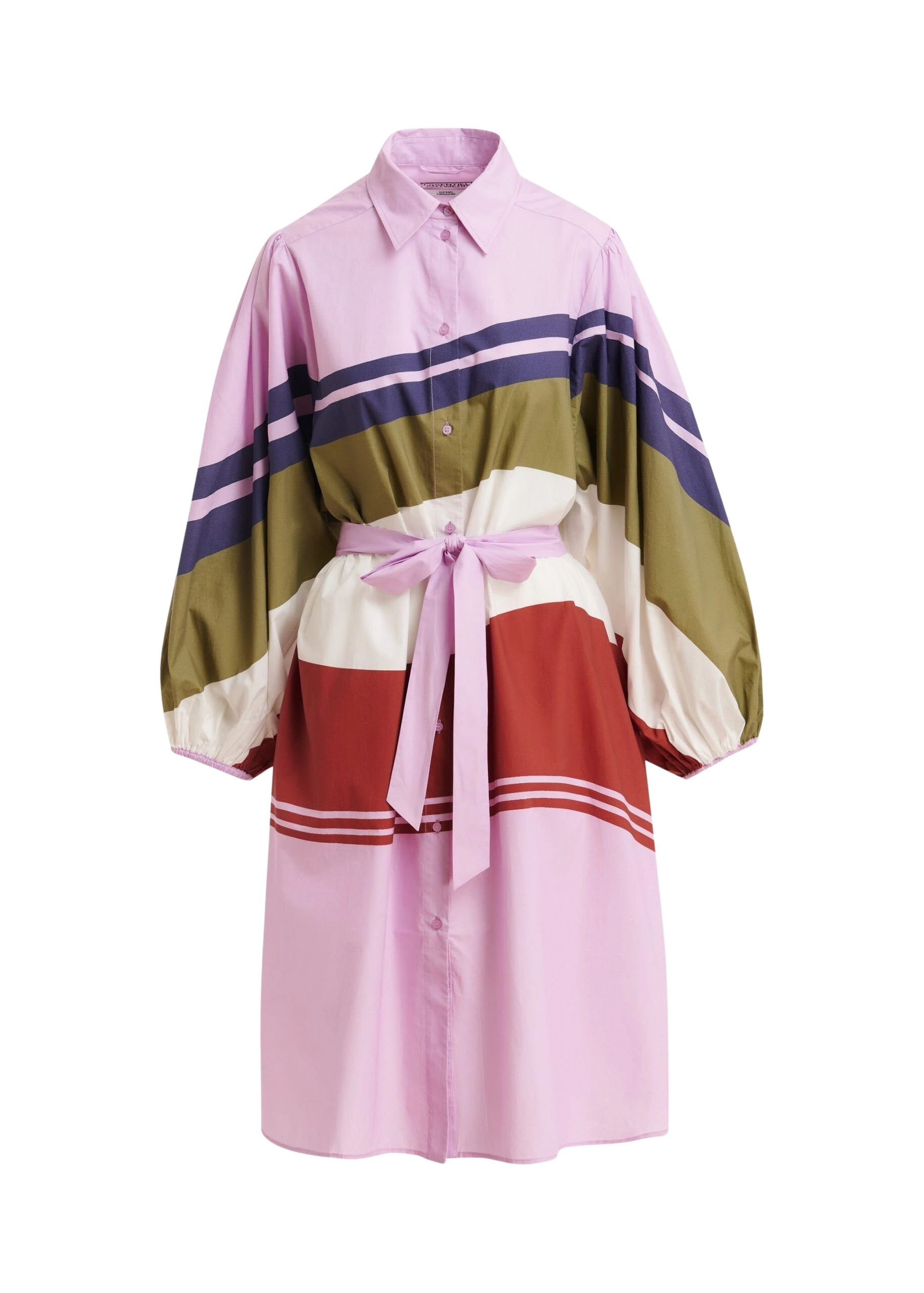 Essentiel Antwerp Lilac And Multicolor Oversized Cotton Shirt Dress With Placed Stripe Print