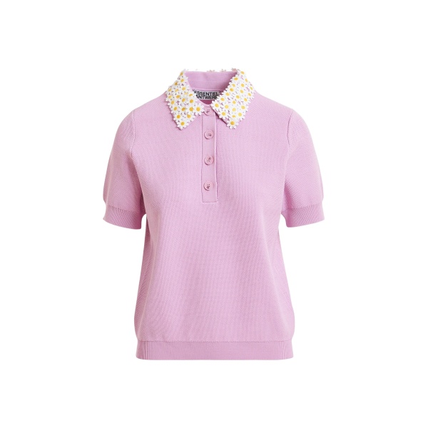 Essentiel Antwerp Lilac Fine Knit Polo Top With White And Yellow Floral Embellished Collar - Essentiel Antwerp Tops - Colorful Belgian Design - Shop at Luxury Shoes 