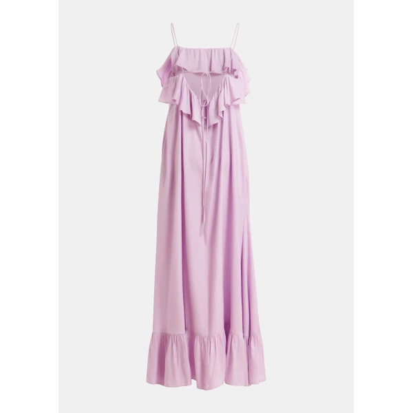 Essentiel Antwerp Lilac Maxi Dress With Ruffled Neckline And Tie-Back Detail - Essentiel Antwerp Dresses - Colorful Belgian Design - Shop at Luxury Shoes 