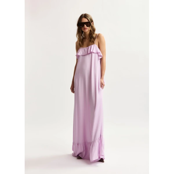 Essentiel Antwerp Lilac Maxi Dress With Ruffled Neckline And Tie-Back Detail - Essentiel Antwerp Dresses - Colorful Belgian Design - Shop at Luxury Shoes 