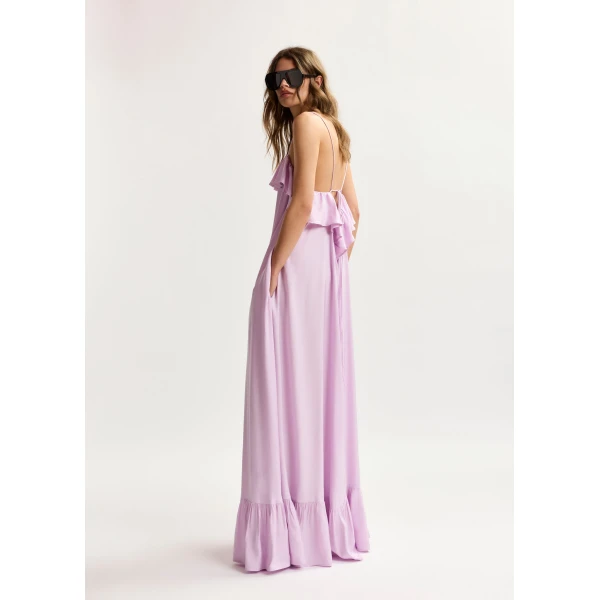 Essentiel Antwerp Lilac Maxi Dress With Ruffled Neckline And Tie-Back Detail - Essentiel Antwerp Dresses - Colorful Belgian Design - Shop at Luxury Shoes 