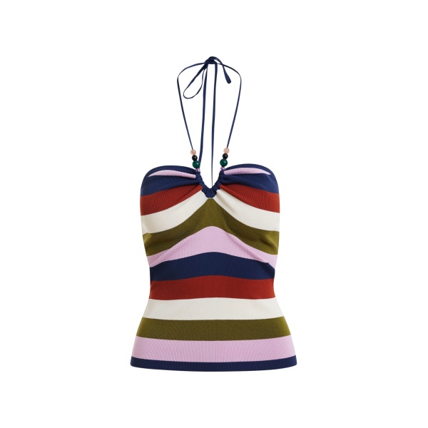 Essentiel Antwerp Navy And Multicolor Striped Halterneck Knit Top - Essentiel Antwerp Tops - Colorful Belgian Design - Shop at Luxury Shoes 
