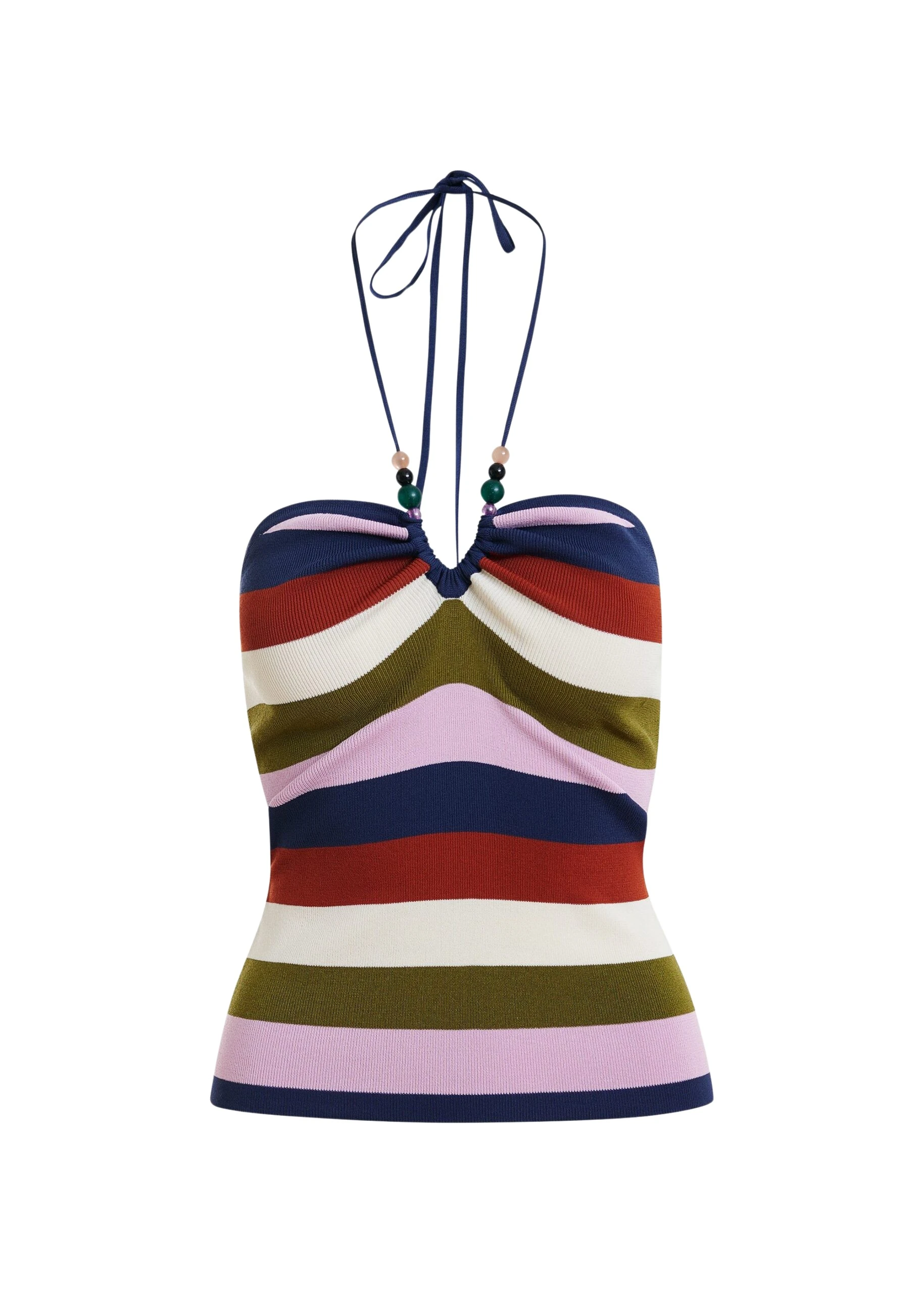 Essentiel Antwerp Navy And Multicolor Striped Halterneck Knit Top