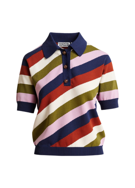 Essentiel Antwerp Navy And Multicolor Striped Knit Polo With Constrasting Buttons - Essentiel Antwerp Tops - Colorful Belgian Design - Shop at Luxury Shoes 