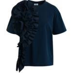Essentiel Antwerp Navy Cotton T-Shirt With Oversized Floral Ruffle Detail - Essentiel Antwerp Tops - Colorful Belgian Design - Shop at Luxury Shoes 
