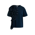 Essentiel Antwerp Navy Cotton T-Shirt With Oversized Floral Ruffle Detail Top
