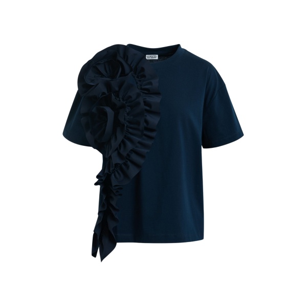 Essentiel Antwerp Navy Cotton T-Shirt With Oversized Floral Ruffle Detail - Essentiel Antwerp Tops - Colorful Belgian Design - Shop at Luxury Shoes 