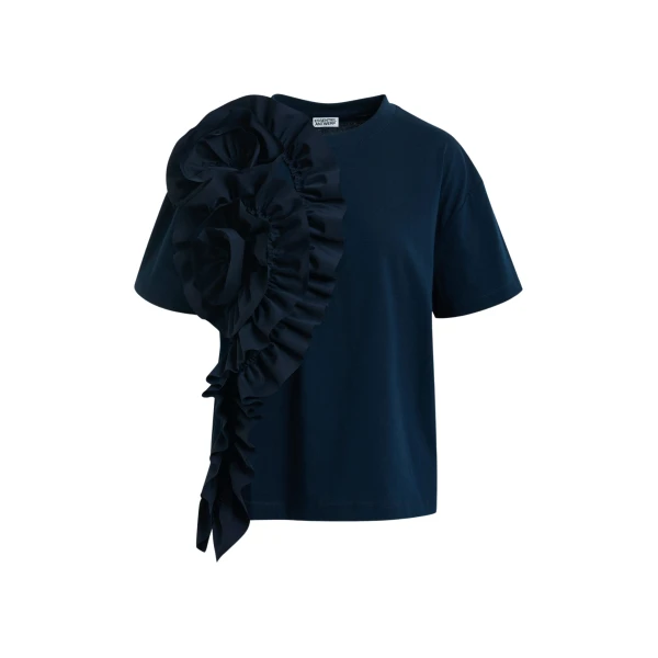 Essentiel Antwerp Navy Cotton T-Shirt With Oversized Floral Ruffle Detail - Essentiel Antwerp Tops - Colorful Belgian Design - Shop at Luxury Shoes 