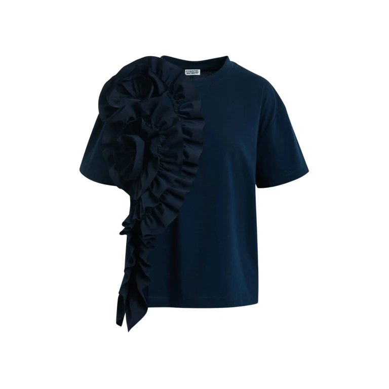 Essentiel Antwerp Navy Cotton T-Shirt With Oversized Floral Ruffle Detail - Essentiel Antwerp Tops - Colorful Belgian Design - Shop at Luxury Shoes 
