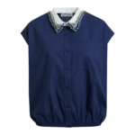 Essentiel Antwerp Navy Sleeveless Cotton Shirt With Embellished Collar - Essentiel Antwerp Tops - Colorful Belgian Design - Shop at Luxury Shoes 