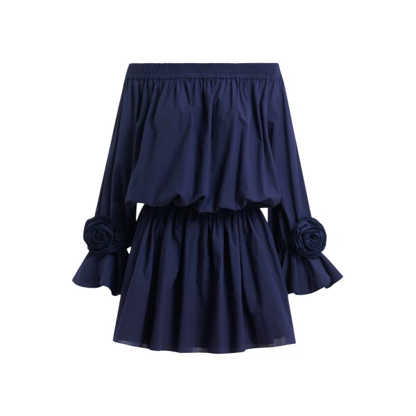 Essentiel Antwerp Navy Strapless Cotton Mini Dress With Rosette Details - Essentiel Antwerp Dresses - Colorful Belgian Design - Shop at Luxury Shoes 