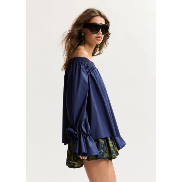 Essentiel Antwerp Navy Strapless Cotton Top With Rosette Details - Essentiel Antwerp Tops - Colorful Belgian Design - Shop at Luxury Shoes 