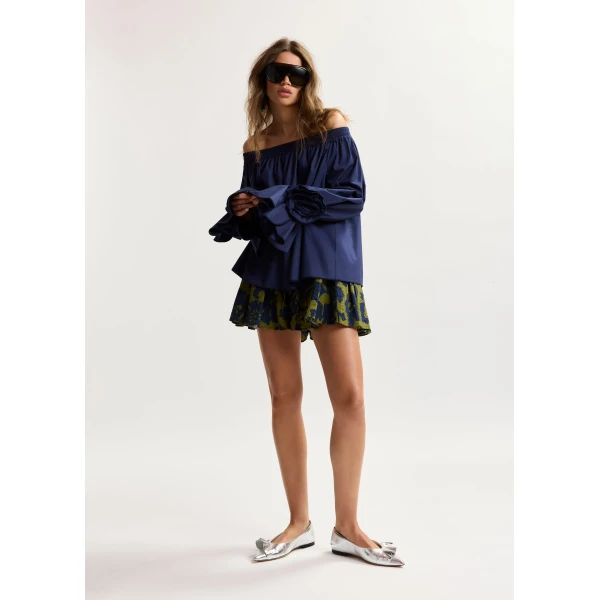 Essentiel Antwerp Navy Strapless Cotton Top With Rosette Details - Essentiel Antwerp Tops - Colorful Belgian Design - Shop at Luxury Shoes 