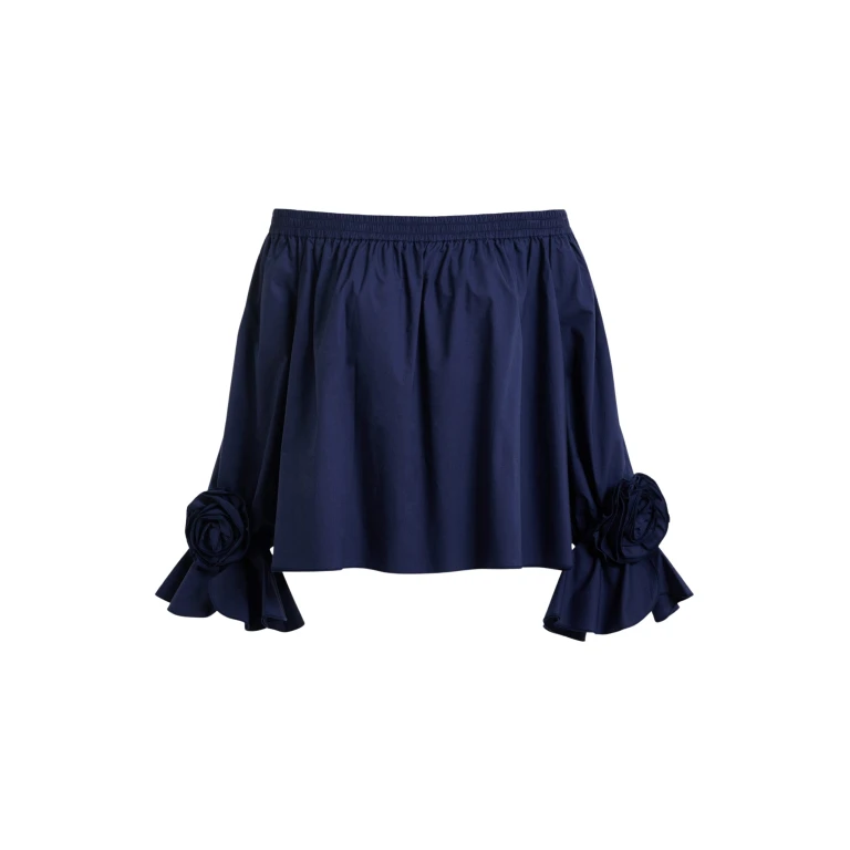 Essentiel Antwerp Navy Strapless Cotton Top With Rosette Details - Essentiel Antwerp Tops - Colorful Belgian Design - Shop at Luxury Shoes 