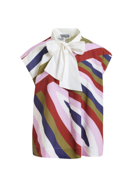 Essentiel Antwerp Off-White And Multicolor Graphic Sleeveless Top With Tie Neckline - Essentiel Antwerp Tops - Colorful Belgian Design - Shop at Luxury Shoes 