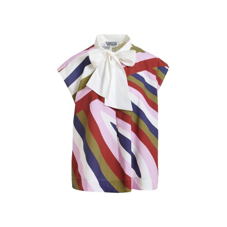 Essentiel Antwerp Off-White And Multicolor Graphic Sleeveless Top With Tie Neckline - Essentiel Antwerp Tops - Colorful Belgian Design - Shop at Luxury Shoes 