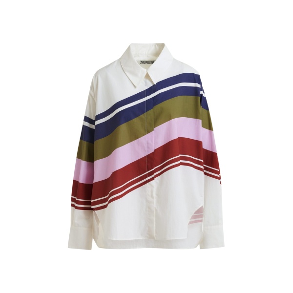 Essentiel Antwerp Off-White And Multicolor Oversized Cotton Shirt With Placed Stripe Print - Essentiel Antwerp Tops - Colorful Belgian Design - Shop at Luxury Shoes 