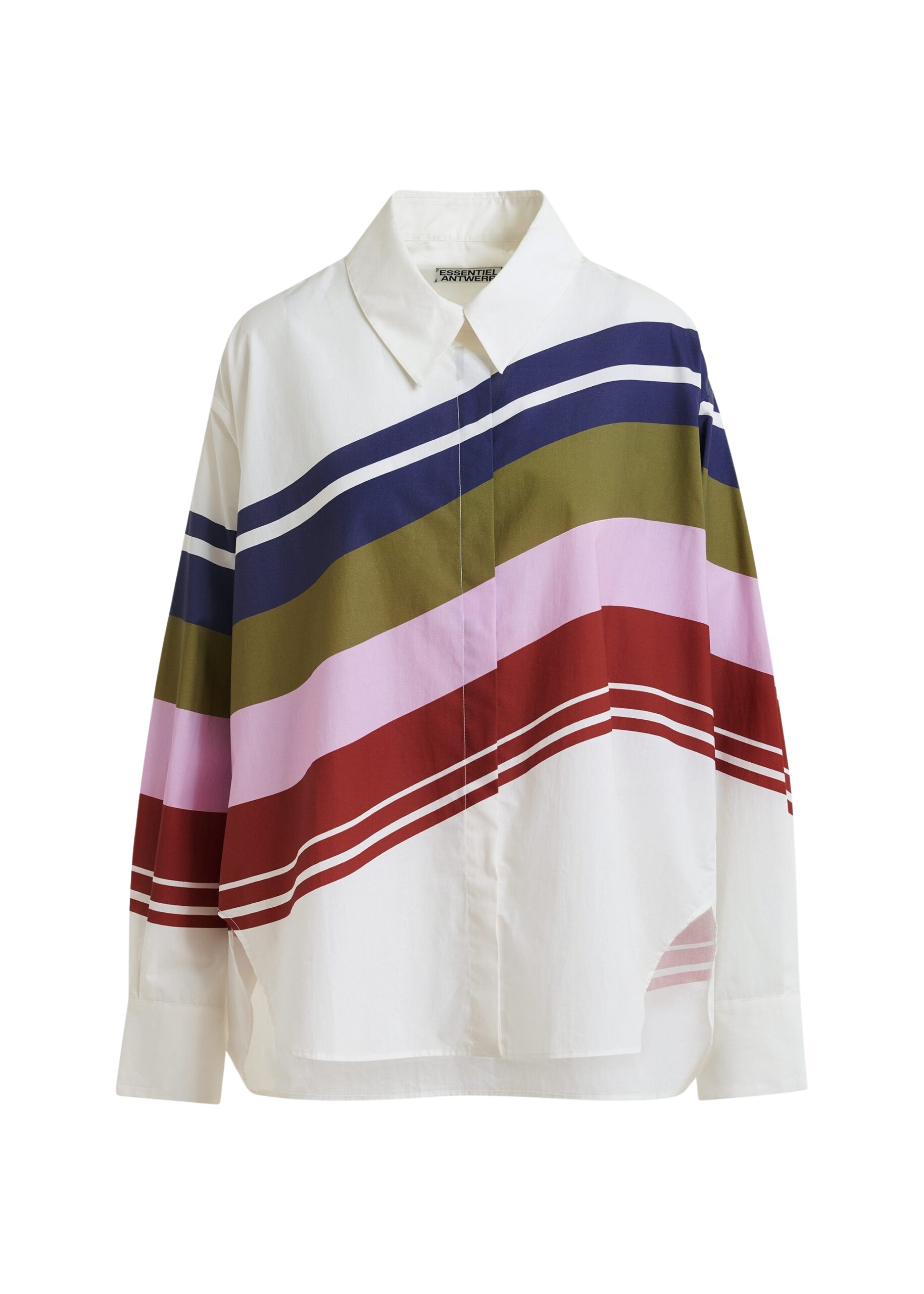 Essentiel-Antwerp-Off-White-And-Multicolor-Oversized-Cotton-Shirt-With-Placed-Stripe-Print-scaled62944_nobg Essentiel Antwerp Off-White And Multicolor Oversized Cotton Shirt With Placed Stripe Print - Essentiel Antwerp Tops - Colorful Belgian Design - Shop at Luxury Shoes