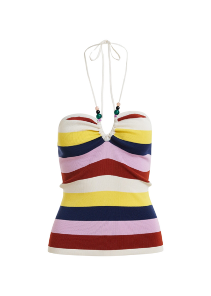 Essentiel Antwerp Off-White And Multicolor Striped Halterneck Knit Top - Essentiel Antwerp Tops - Colorful Belgian Design - Shop at Luxury Shoes 