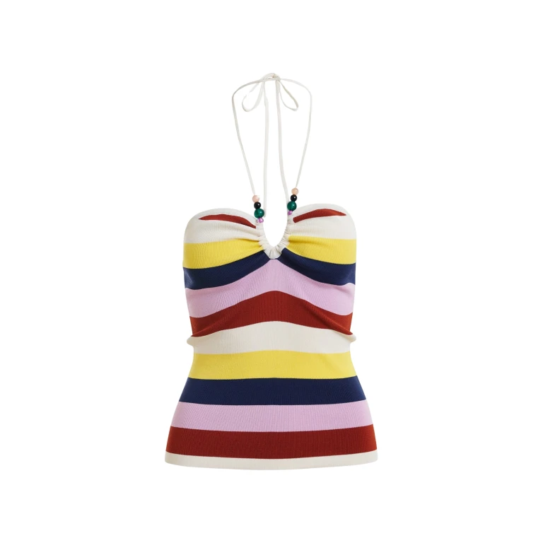 Essentiel Antwerp Off-White And Multicolor Striped Halterneck Knit Top - Essentiel Antwerp Tops - Colorful Belgian Design - Shop at Luxury Shoes 