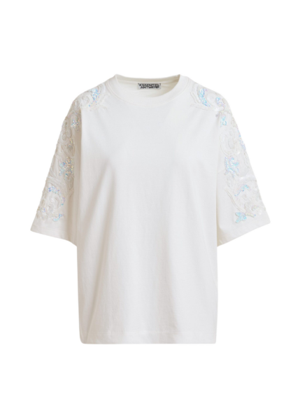 Essentiel Antwerp Off-White Cotton T-Shirt With Sequin And Bead Embellishments - Essentiel Antwerp Tops - Colorful Belgian Design - Shop at Luxury Shoes 