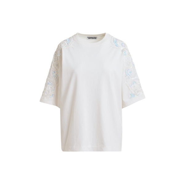 Essentiel Antwerp Off-White Cotton T-Shirt With Sequin And Bead Embellishments - Essentiel Antwerp Tops - Colorful Belgian Design - Shop at Luxury Shoes 