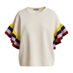 Essentiel Antwerp Off-White Knitted Top With Multicolored Striped Layered Sleeves - Essentiel Antwerp Tops - Colorful Belgian Design - Shop at Luxury Shoes 