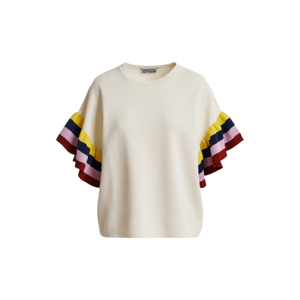 Essentiel Antwerp Off-White Knitted Top With Multicolored Striped Layered Sleeves - Essentiel Antwerp Tops - Colorful Belgian Design - Shop at Luxury Shoes 