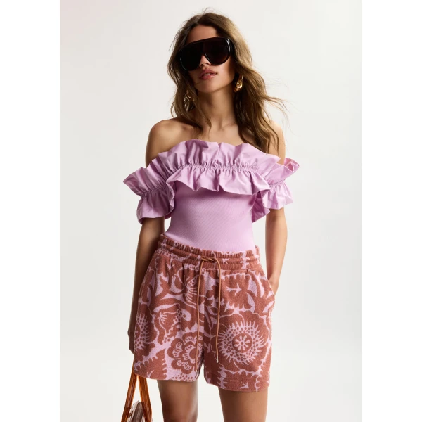 Essentiel Antwerp Pink And Brown Floral Jacquard Cotton-Blend Shorts With Drawstring Waist - Essentiel Antwerp Shorts - Colorful Belgian Design - Shop at Luxury Shoes 
