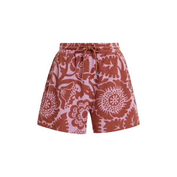 Essentiel Antwerp Pink And Brown Floral Jacquard Cotton-Blend Shorts With Drawstring Waist - Essentiel Antwerp Shorts - Colorful Belgian Design - Shop at Luxury Shoes 